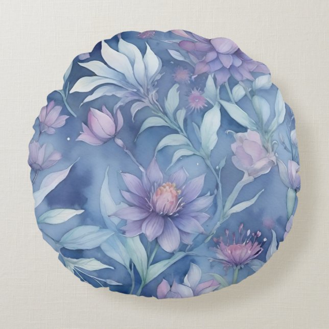 Akvarell Lila Blommor Rund Kudde (Framsidan)