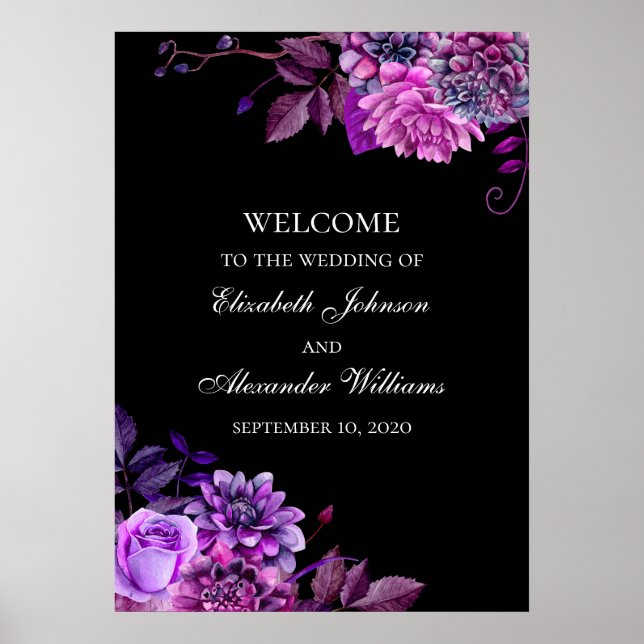 Akvarell lila blommor. Svart bröllop välkommen Poster (Framsidan)