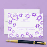 Akvarell Lila Davidstjärna Bar Mitsva OSA Kort<br><div class="desc">Perfekt svars-RSVP-kort för en bat mitzvah, bar mitzvah eller annan judisk fest! Handgjord akvarellkonst åt dig på framsidan och baksidan! HELT ANPASSNINGSBAR! Klicka på ”Anpassa” ovan för att redigera texten. Klicka på "redigera med hjälp av designverktyg" för att justera teckensnitt, färger och placeringar och för att ta bort baksidans design...</div>