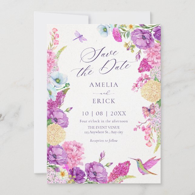 Akvarell lila estetisk blomster  spara datumet (Framsida)
