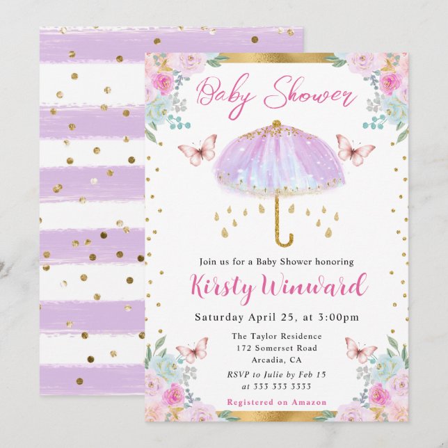 Akvarell Lila Guld Vårparaply Baby Shower Inbjudningar (Fram/baksida)