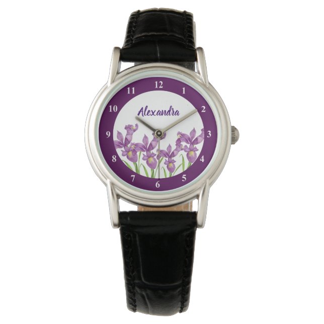 Akvarell Lila Iris Botanisk Vita Nummer Armbandsur (Framsida)