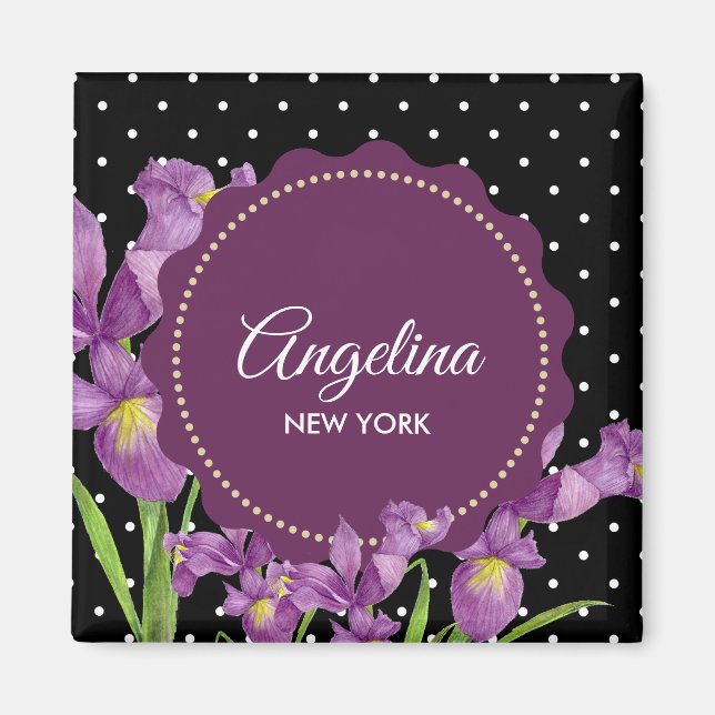 Akvarell Lila Iris Svart Vitt Prickmönster Magnet (Framsidan)