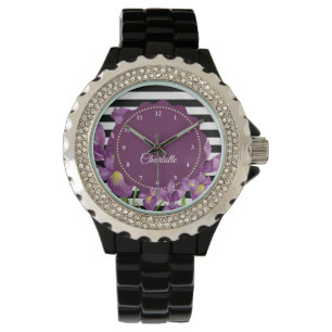 Akvarell Lila Iris Svart Vitt Randigt Mönster Armbandsur