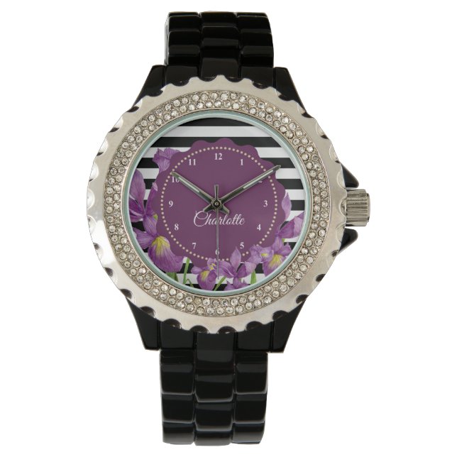 Akvarell Lila Iris Svart Vitt Randigt Mönster Armbandsur (Framsida)