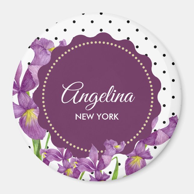 Akvarell Lila Iris Svarta Vita Prickar Magnet (Framsidan)