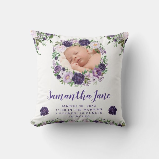 Akvarell Lila & Krämfärgade Blommor Baby Foto Kudde (Framsida)