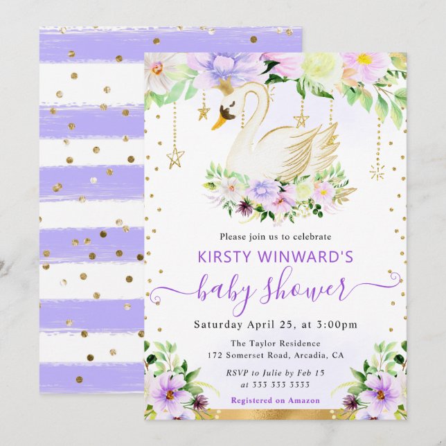 Akvarell Lila & Krämfärgade Blommor Svan Bebisens  Inbjudningar (Fram/baksida)