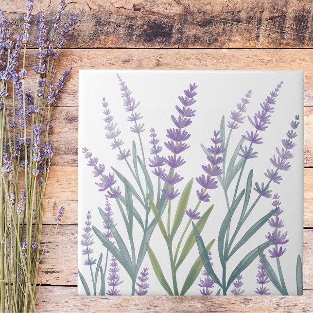 Akvarell Lila Lavendel Blommig Kakelplatta (Close up)