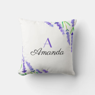 Akvarell Lila Lavendel Blommig Namn Monogram Kudde