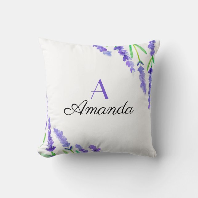 Akvarell Lila Lavendel Blommig Namn Monogram Kudde (Framsida)