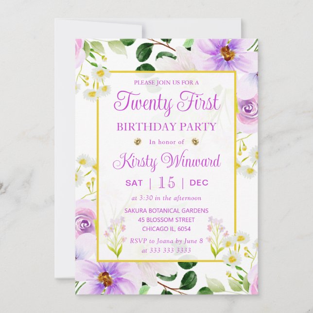 Akvarell Lila Magiska Blommor 21-årsdag Inbjudningar (Framsida)