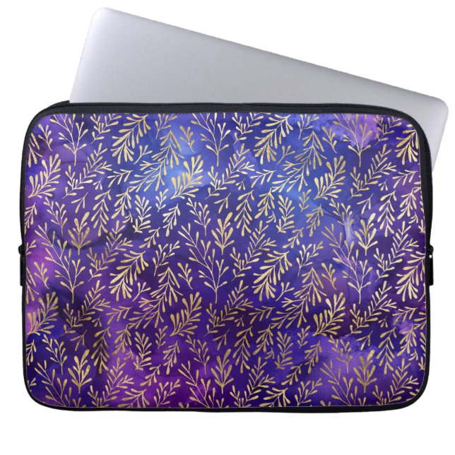 Akvarell Lila Mönster med Guldblad Laptop Fodral (Framsidan)