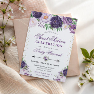 Akvarell Lila och Krämfärgade Blommor Sweet 16 Inbjudningar