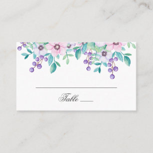 Akvarell lila och rosa blommor. Blommig bröllop Placeringskort