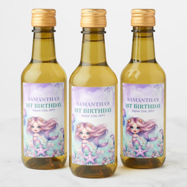Akvarell lila och turkos sjöjungfru 1-års födelsed vinetikett (Flaskor)