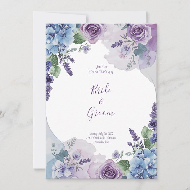 Akvarell Lila Ros Blå Hortensia Lavendel Krans Inbjudningar (Framsida)
