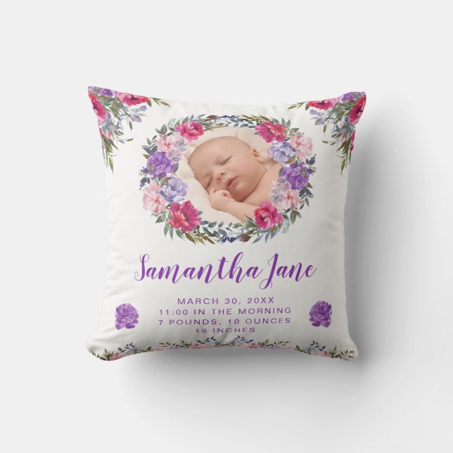 Akvarell lila & rosa blommor babyfoto kudde (Framsida)