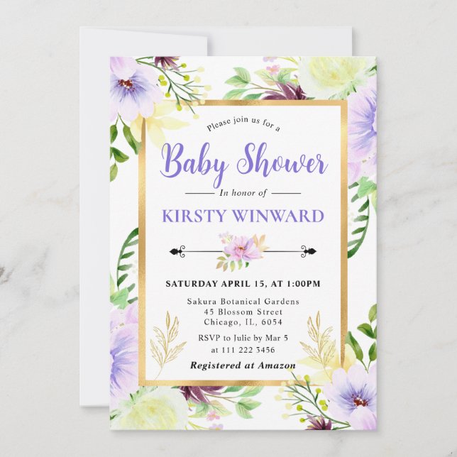 Akvarell Lila Sommarblommor Baby Shower Inbjudningar (Framsida)