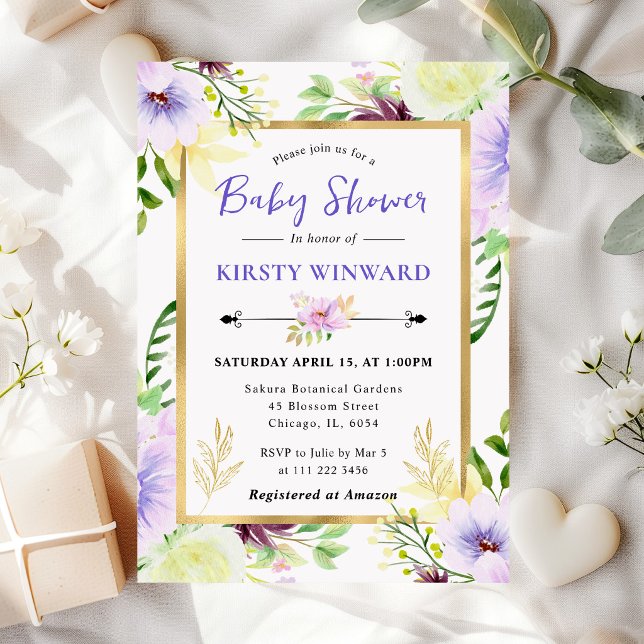 Akvarell Lila Sommarblommor Baby Shower Inbjudningar (Skapare uppladdad)