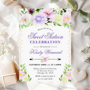 Akvarell Lila Sommarblommor Foto Sweet 16 Inbjudningar