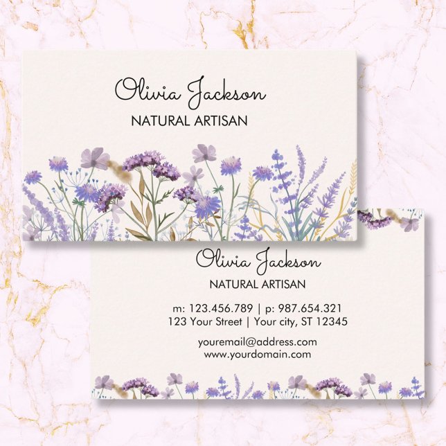 Akvarell Lila Vildblomsäng Visitkort (Front and Back)