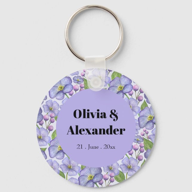 Akvarell Lila Violer & Blommönster  Nyckelring (Framsida)