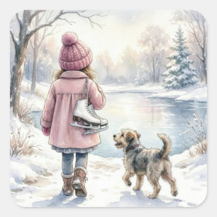 Akvarell liten flicka med skridskor och hund fyrkantigt klistermärke