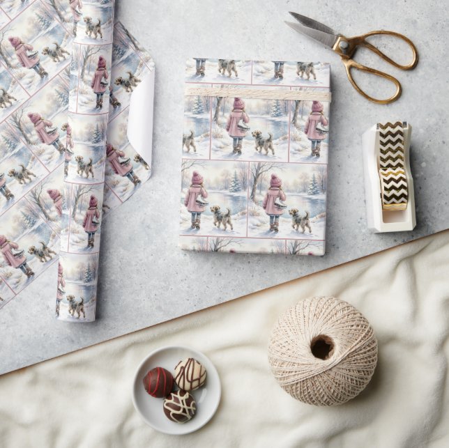Akvarell liten flicka med skridskor och hund presentpapper (Hantverk)