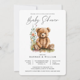Akvarell Liten Teddybjörn Blommor Baby Shower Inbjudningar