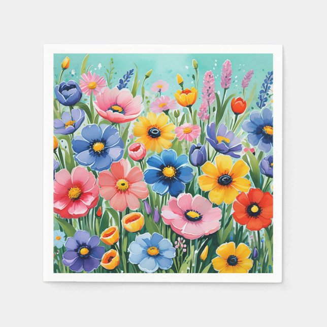 Akvarell Livfulla Vårblommor Mönster Pappersservett (Framsidan)