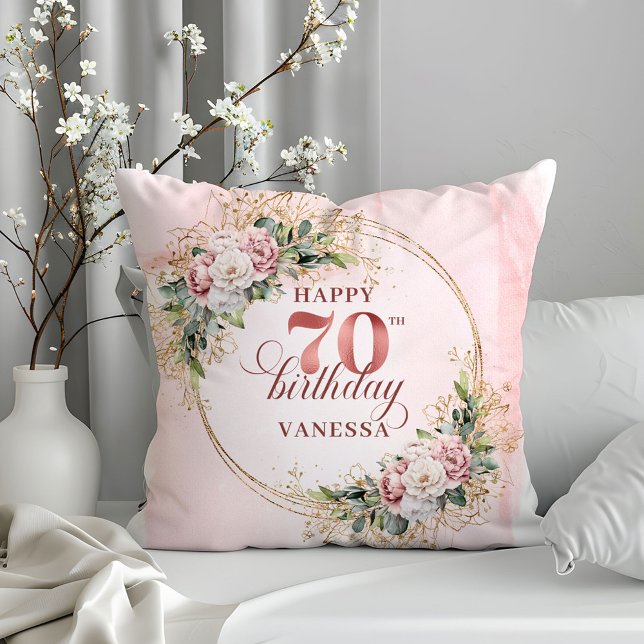 Akvarell Ljus Rosa Blommig Kudde 70-årsdag  (Watercolor Light Pink Floral Pillow 70th Birthday Pillow)