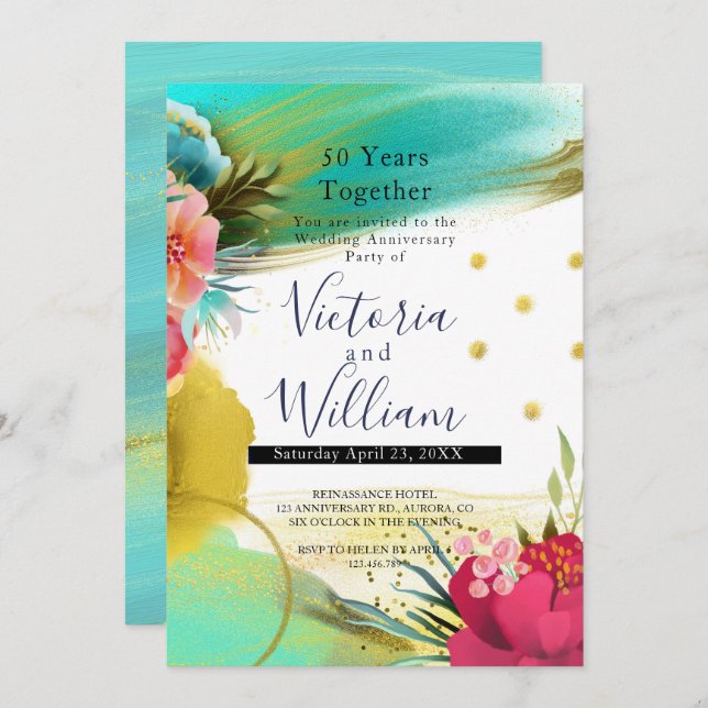 Akvarell Ljusgrön Guld Rosa 50-årsjubileum Inbjudningar (Fram/baksida)