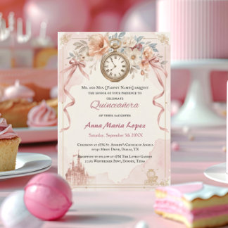Akvarell ljusrosa Askungen tema quinceanera Inbjudningar
