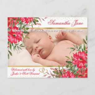 Akvarell Ljusrosa Sommarblommor Baby Födelse Meddelande Vykort