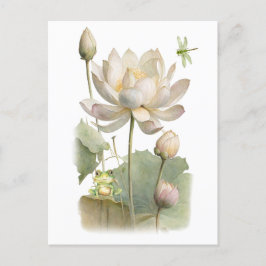 Akvarell Lotusblommor, Groda och Trollslända Vykort