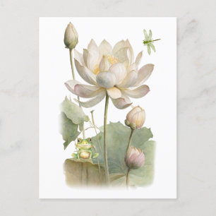 Akvarell Lotusblommor, Groda och Trollslända Vykort