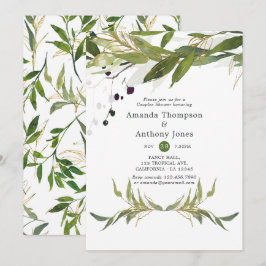 Akvarell Lövrik Grönska Par Bröllopsdusch Inbjudningar