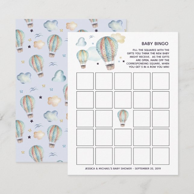Akvarell Luftballong Baby Shower Bingo Inbjudningar (Fram/baksida)