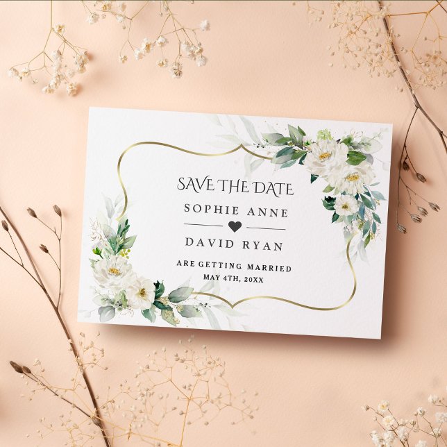 Akvarell Luftig Grönska Vit Blommig Bröllop  Spara Datumet (elegant trendy modern white flowers gold save the date invitation)