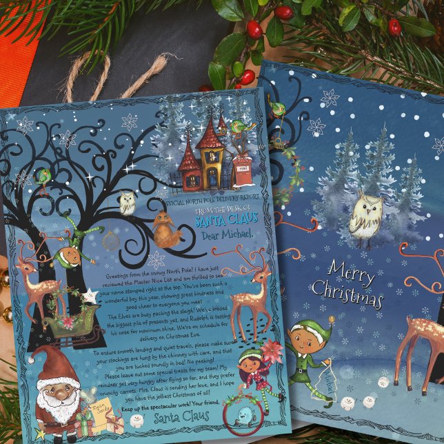 Akvarell Magisk Julbrev från Tomte | Renar  (Custom Blue Fairy Tale Santa Letter  Reindeer )