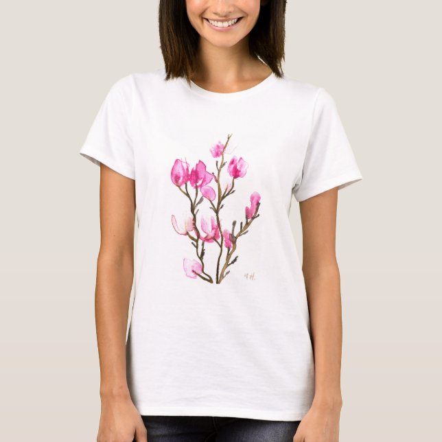 Akvarell Magnolia Blommig Mor Elegant Rosa T Shirt (Framsida)