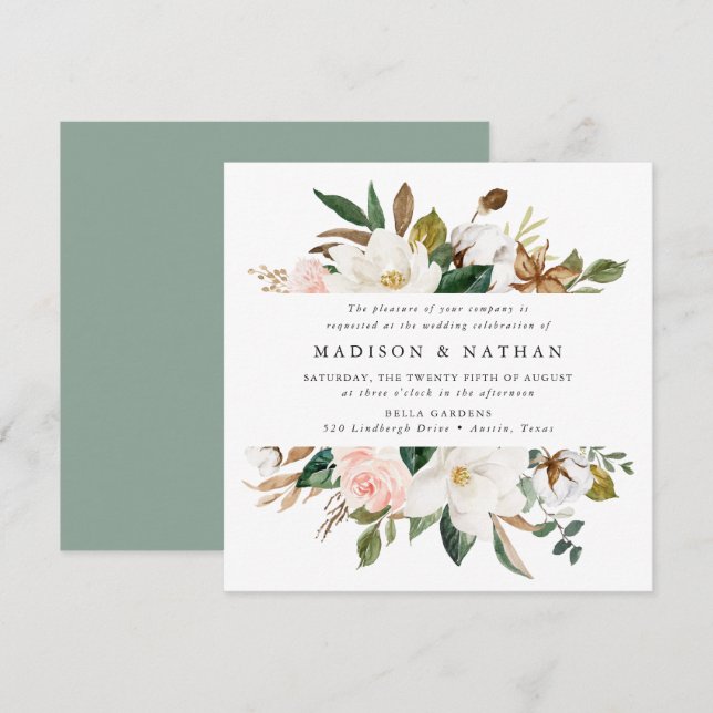 Akvarell Magnolior | Blommig Bröllop Inbjudningar (Fram/baksida)