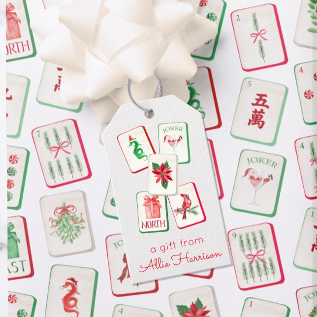 Akvarell Mahjong Röda & Gröna Julbrickor Presentetikett (Skapare uppladdad)