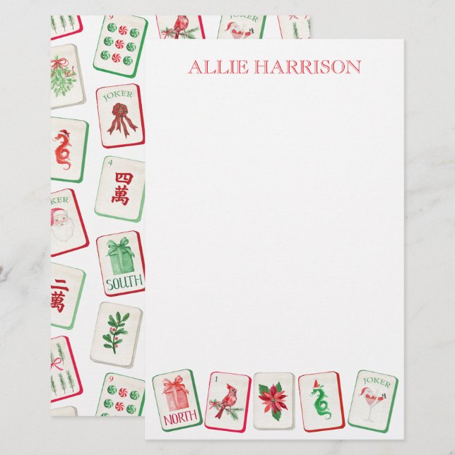Akvarell Mahjong röda och gröna julbrickor Brevpapper (Fram/baksida)