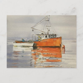 Akvarell Maine Fiskebåt Orange Sjölandskap Post Vykort
