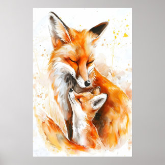 Akvarell Mama Fox och unge Nursery Print Poster