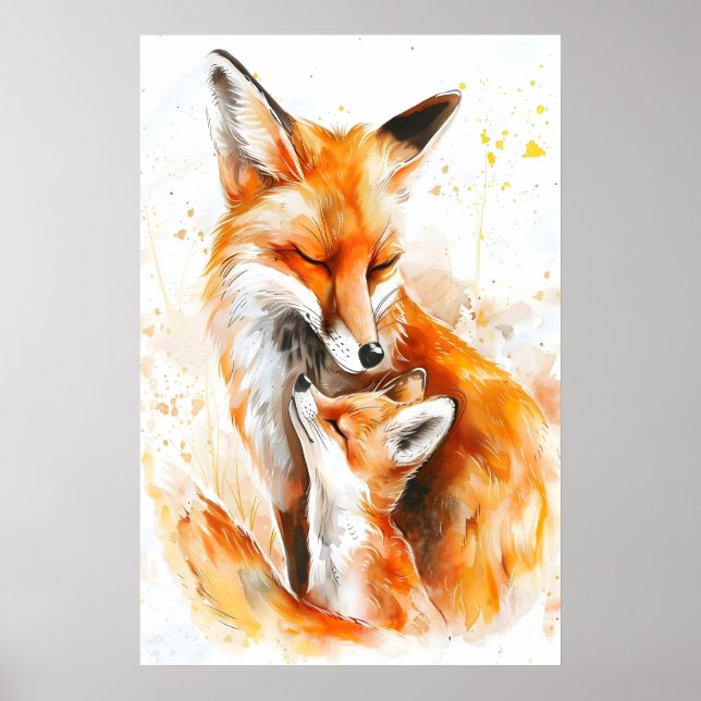 Akvarell Mama Fox och unge Nursery Print Poster (Framsidan)