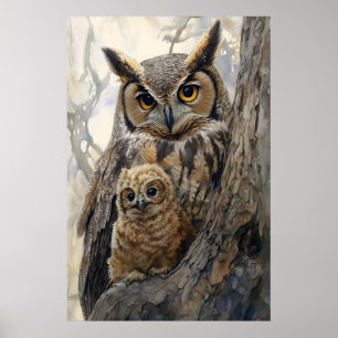 Akvarell Mamma och Baby Uggle Nurserieskrivning Poster