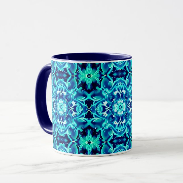 Akvarell Mandala Blomma i Nyanser av Indigo Blå Mugg (Framsida vänster)